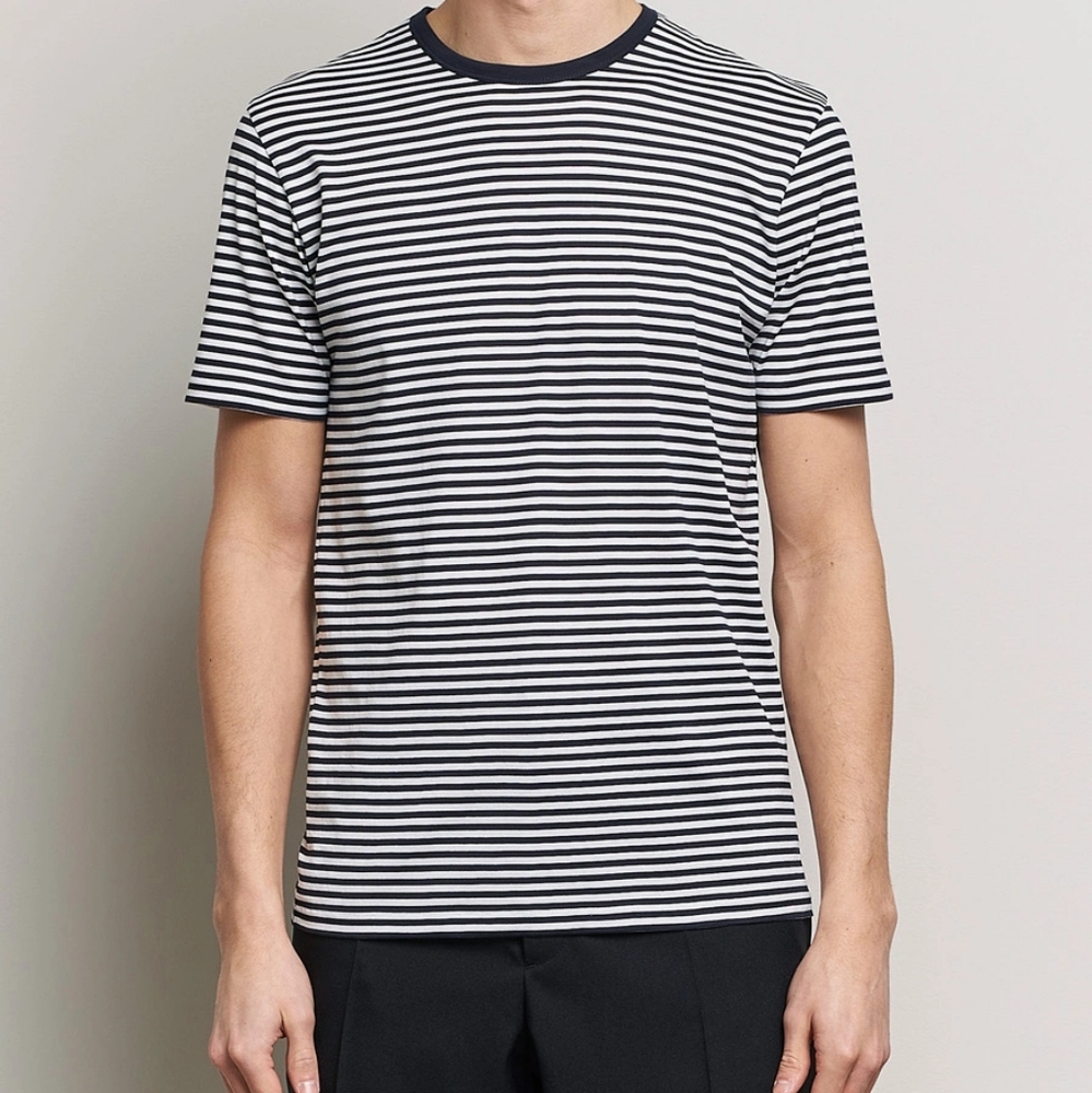 Sunspel Blue Gray And White Striped Cotton Crew Neck Tee L
